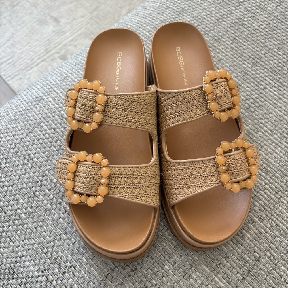 BCBG Tan Double-Strap Sandals with Decorative Buckles